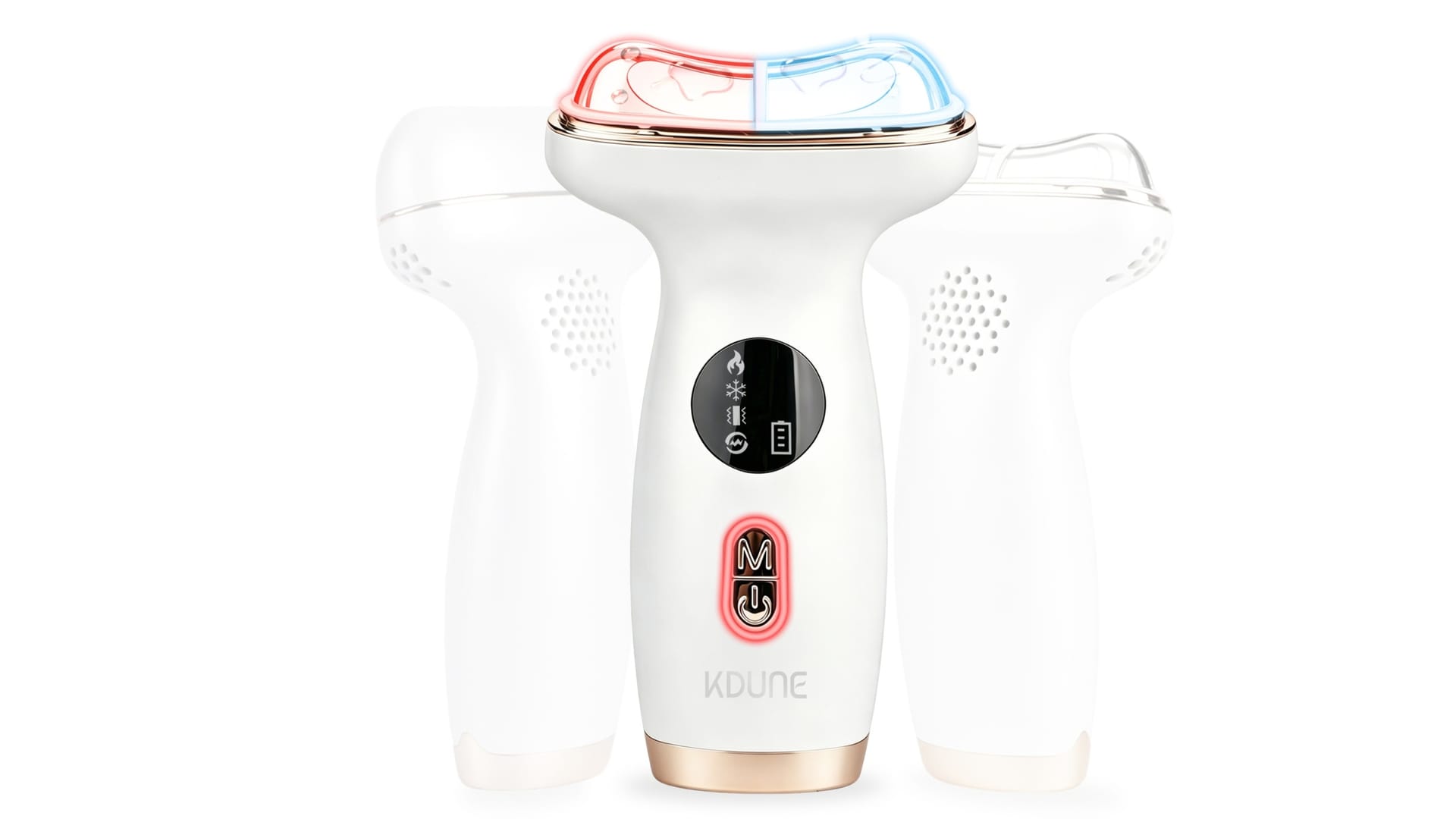 The Kdune 7-in-1 massager on a seamless studio backdrop, three-quarter angle, rose-gold base ring visible.