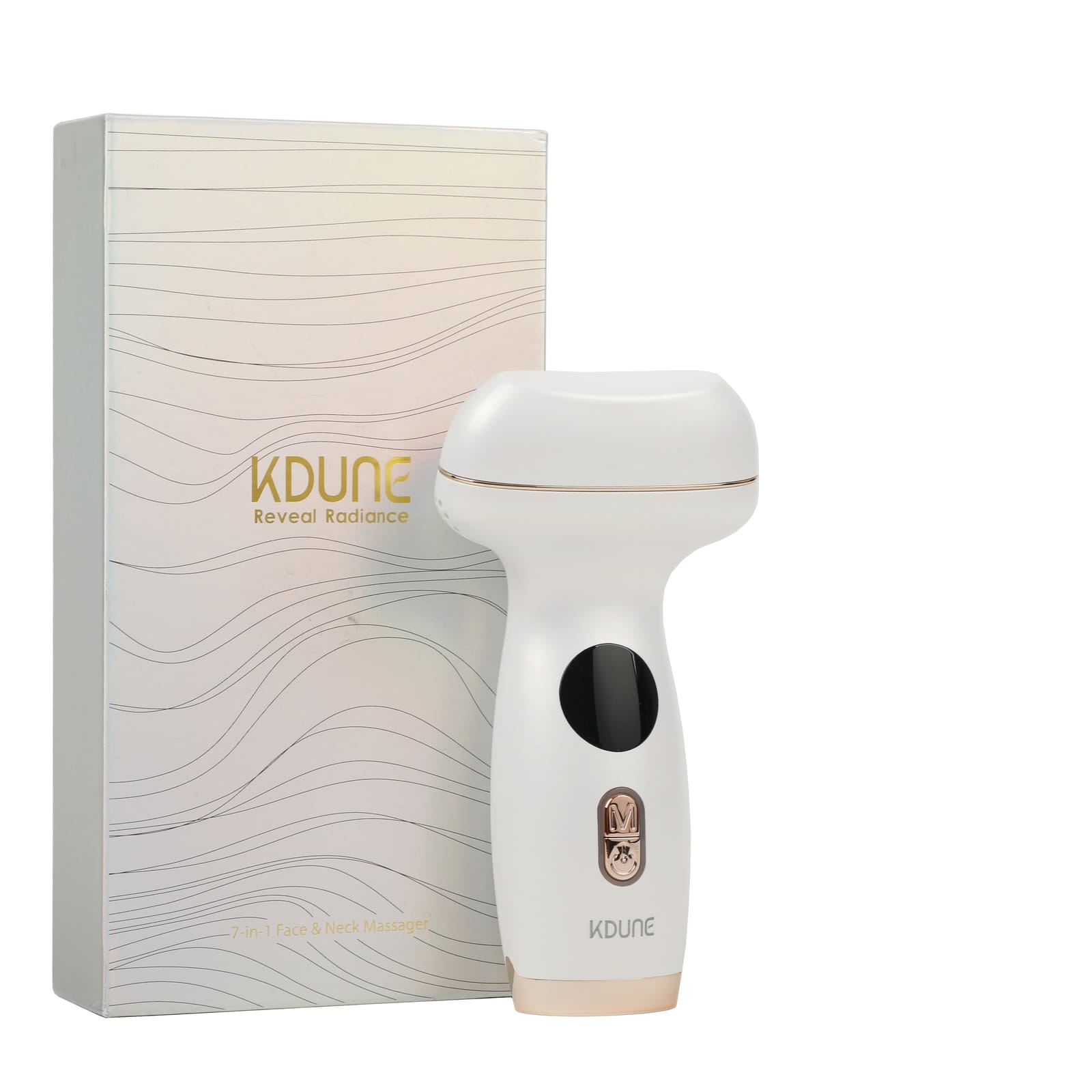 The Kdune 7-in-1 massager standing on its side, the curved treatment head in profile.